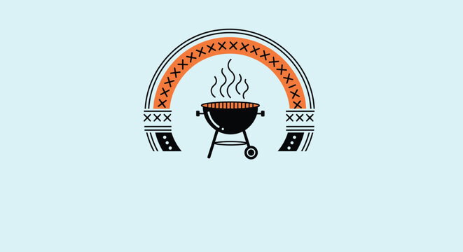 Stylized barbecue grill icon placed under a decorative arch with ethnic patterns on a light blue background.