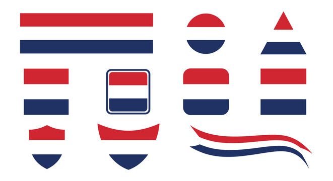 Selection of decorative banners and ribbons featuring a horizontal tricolor pattern of red, white, and dark blue on a white background.