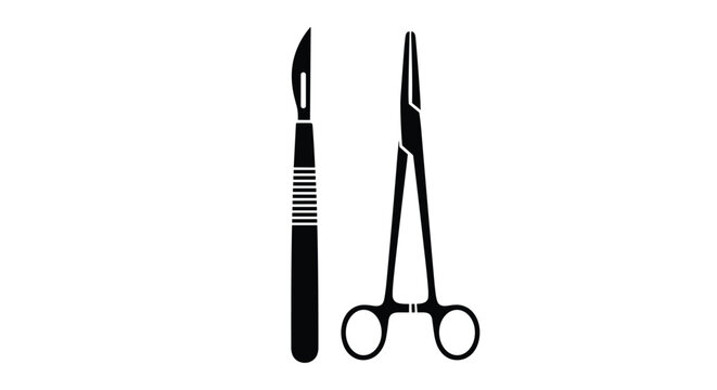 Black silhouettes of a medical scalpel and surgical forceps used in hospitals and operating rooms for medical procedures and dissections.
