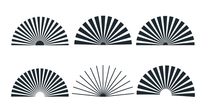 Collection of six semi-circular sunburst or fan shapes featuring various radial line weights and designs in a dark gray color.