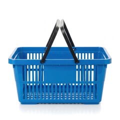 Fototapeta premium Bright blue plastic shopping basket with sturdy black handles for carrying items isolated on white background