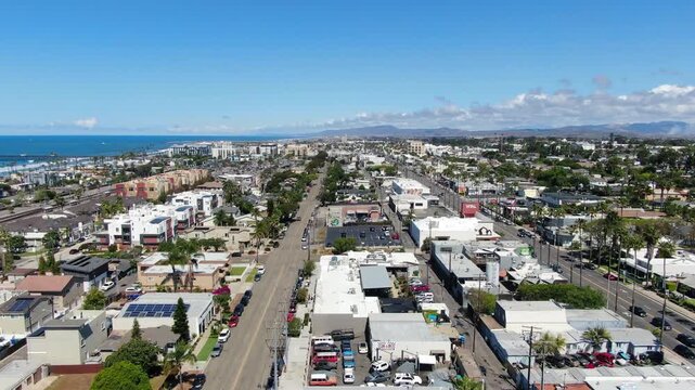 Aerial Drone Pan of Downtown Oceanside CA and Transit Oriented Development Along LOSSAN Corridor
