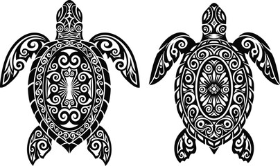 Intricate polynesian turtle designs a black and white illustration © MDTamizUddin
