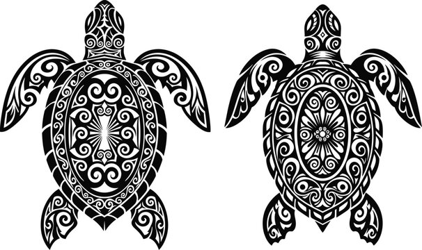 Intricate polynesian turtle designs a black and white illustration