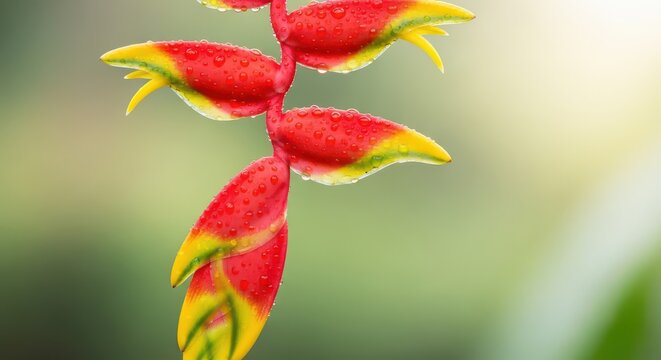 Bright heliconia flower blooms with fresh water droplets against a blurred natural background.