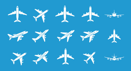Fototapeta premium Large collection of white airplane silhouettes in various flight positions over a blue background for aviation industry graphics and air travel.