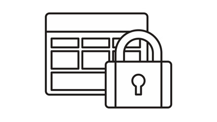 Black line art vector icon illustration of a calendar grid with a large padlock, representing secure scheduling, data protection, private information, cybersecurity, and locked digital records. © MDSOWROV