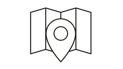 Minimalist black line art vector icon of a folded paper map with a location pin marker symbol, perfect for navigation, travel, GPS, and direction-related graphic design and web interfaces. © MDSOWROV