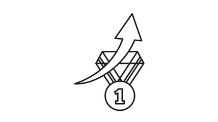 Vector illustration of a first place medal icon with an upward growth arrow, symbolizing success, achievement, winning, progress, and performance improvement in a minimalist black line art style. © MDSOWROV