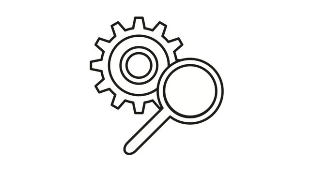 Minimalist black line art vector icon of a mechanical gear and magnifying glass, representing technical analysis, search engine optimization, system diagnostics, and industrial research symbol.