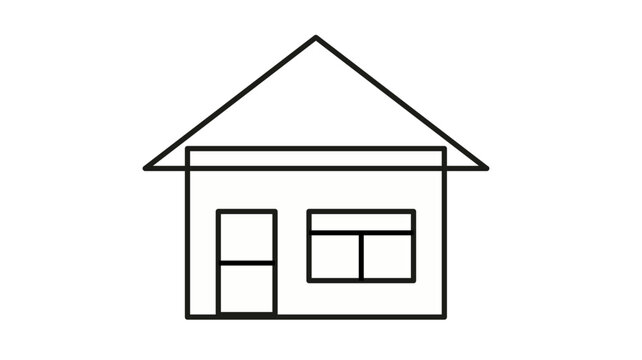 Simple black line house icon vector illustration. Minimalist home symbol featuring a triangular roof, door, and window. Scalable graphic for real estate, architecture, and residential concepts.