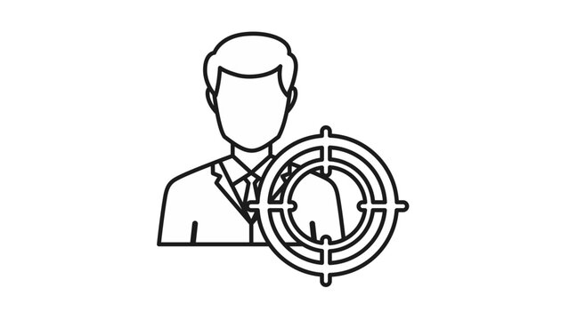 Target person vector icon illustration featuring a businessman silhouette with a crosshair symbol, representing recruitment, headhunting, target audience, marketing focus, and goal achievement.