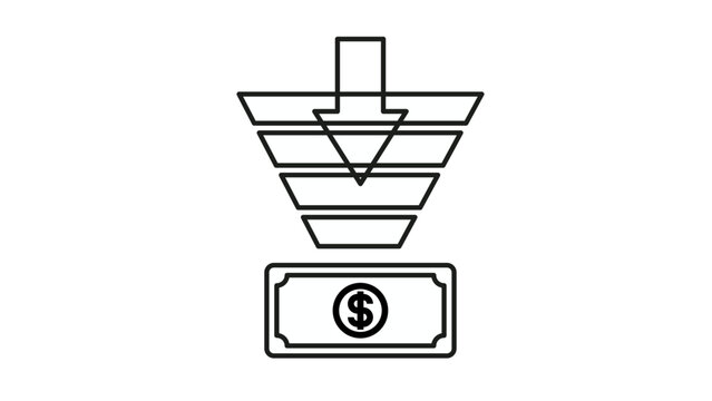 Sales funnel vector icon with downward arrow pointing to a dollar bill, representing marketing conversion, business monetization, financial growth, and profit optimization, black illustration.
