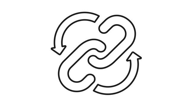 Black line vector icon of two interlocking chain links surrounded by circular arrows, representing backlink building, SEO optimization, data synchronization, and network connectivity illustration.