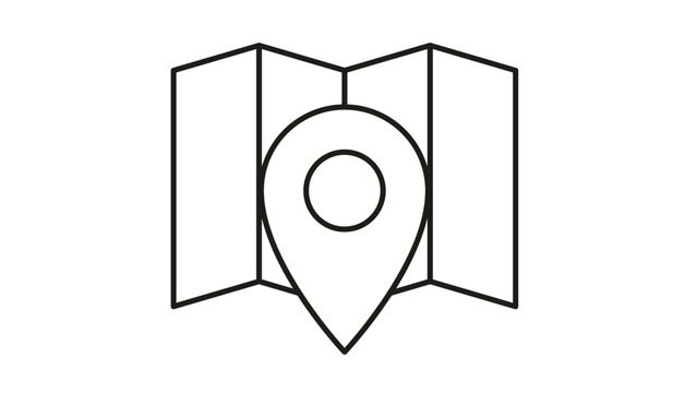 Minimalist black line art vector icon of a folded paper map with a location pin marker symbol, perfect for navigation, travel, GPS, and direction-related graphic design and web interfaces.