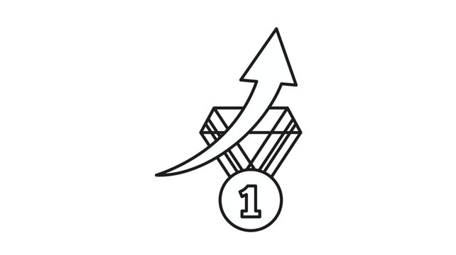 Vector illustration of a first place medal icon with an upward growth arrow, symbolizing success, achievement, winning, progress, and performance improvement in a minimalist black line art style.