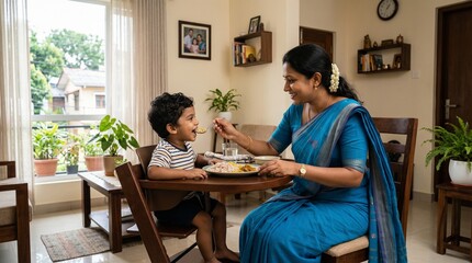 Fototapeta premium Warm Family Meal: Mother Feeding Young Son at Dining Table in Bright, Comfortable Home Setting, Capturing Love and Connection