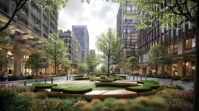 Urban Park Landscape Architecture: Modern Cityscape with Greenery and Path Design in Sustainable Public Space with Vibrant Urban Oasis Integration