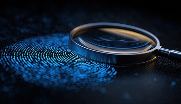 Forensic Investigation of a Glowing Blue Fingerprint Under Magnifying Glass.