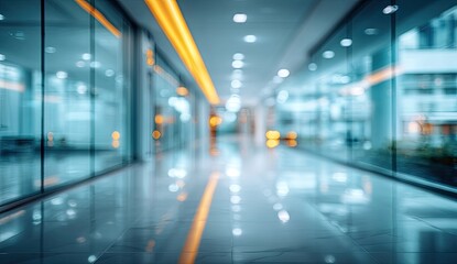Fototapeta premium A blurred perspective showcases a modern office hallway with glass walls and warm lighting, creating a sense of depth and contemporary design.