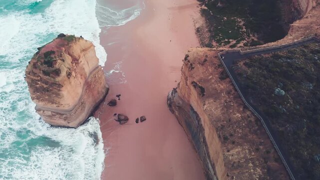 Aerial view of Twelve Apostles from drone, Australia. Collection of limestone stacks. Slow motion