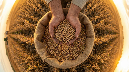 Fototapeta premium Agricultural harvest soybean hand farmer burlap sack