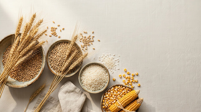 Agricultural harvest grain cereal wheat barley corn rice on table flat lay with bowl and ear on linen background warm light for food ingredient concept with rustic kitchen style