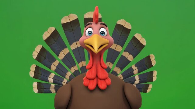 A 3D animated unicorn-like turkey character nods slowly on green