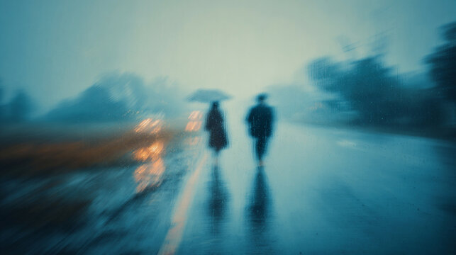 rainy street couple in motion blur dreamcore aesthetic, dreamy nostalgic walk in the rain with film grain effect, blurred urban romance in blue tones with hopeful atmosphere