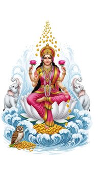 Hindu goddess Lakshmi rising from lotus in cosmic waters divine illustration