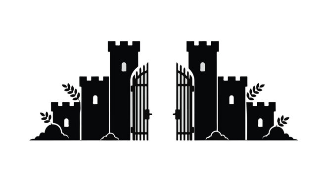 Castle gates standing open invite visitors to explore a historical stone fortress protected by high walls and towers depicted in a clean and symmetrical black silhouette vector art illustration.