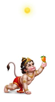 Cute Hindu deity Hanuman child figurine holding mango under sun