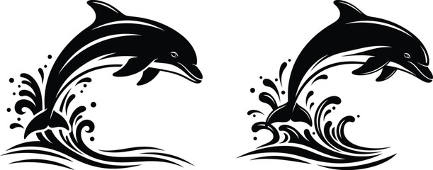 Fototapeta premium Two black dolphins jumping out of waves with splashes marine life illustration