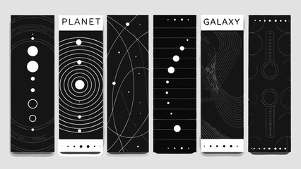 Abstract space themed bookmarks with planets galaxies and orbital patterns © SayanKumar