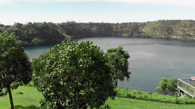 Aerial view Mount Gambier Blue Lake in spring season, Australia. Slow motion
