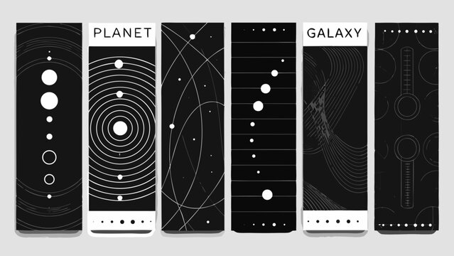 Abstract space themed bookmarks with planets galaxies and orbital patterns