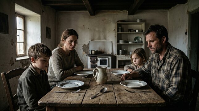 Homeless Family Sitting at a Rustic Wooden Table, Facing Hardship and Poverty, Evoking Despair and Resilience