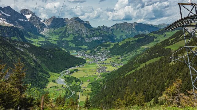 Time lapse, panoramic view of a town in the Swiss Alps. Engelberg, Canton of Obwalden, Switzerland.