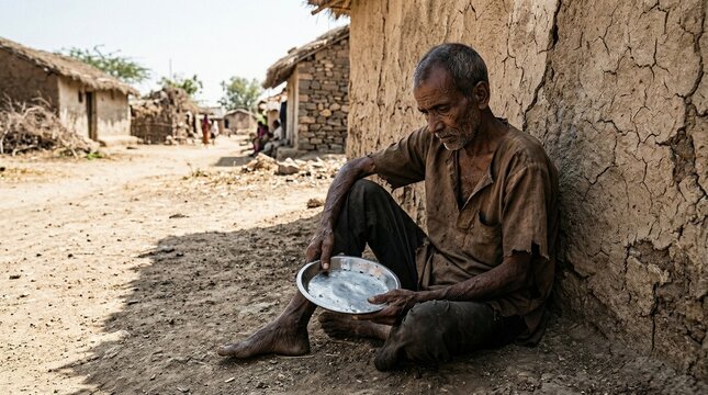 Elderly man sitting with an empty bowl in a poor village, conveying poverty and hunger.