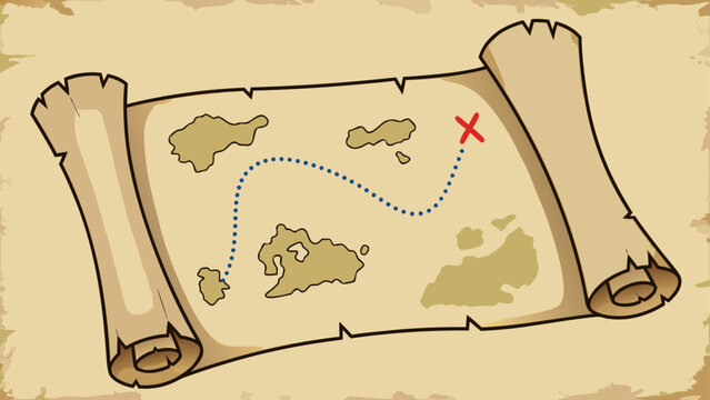 Treasure map with dotted line leading to a red X marking the spot on islands