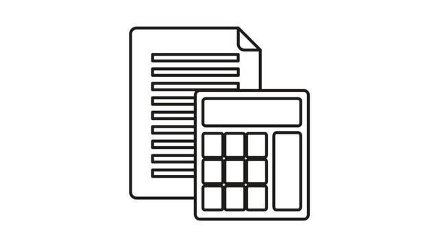 Black Line Vector Icon Illustration of a Document and Calculator Representing Accounting, Financial Planning, Tax Preparation, Business Budgeting, and Data Analysis on a White Background.