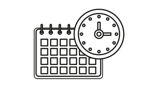 Minimalist black line vector icon illustration of a calendar and analog clock, symbolizing time management, scheduling, planning, appointments, deadlines, and organizational efficiency.