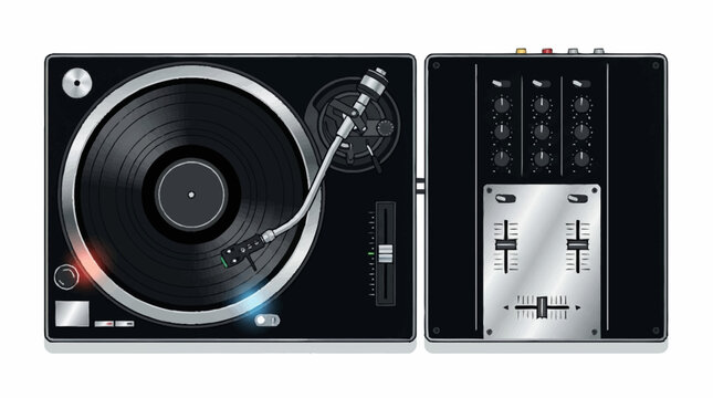 A black turntable and DJ mixer are shown side-by-side against a white background.