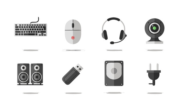 Collection of flat design computer peripherals and accessories on a white background