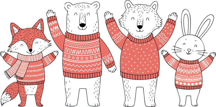 Cute forest animals wearing winter scarves and sweaters wolf hare bear fox flat vector illustration set isolated on white background