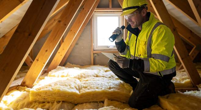 Building inspector examining attic insulation with flashlight and tablet. Professional worker checking roof energy efficiency. Home inspection and maintenance service