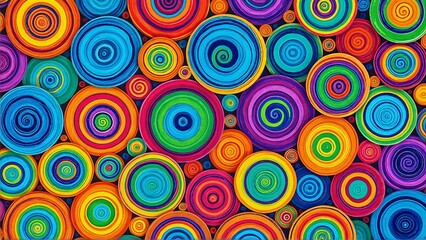Fototapeta premium Colorful abstract pattern with multiple spiral circles in vibrant red, blue, green, yellow, and purple tones creating a dynamic and hypnotic geometric composition