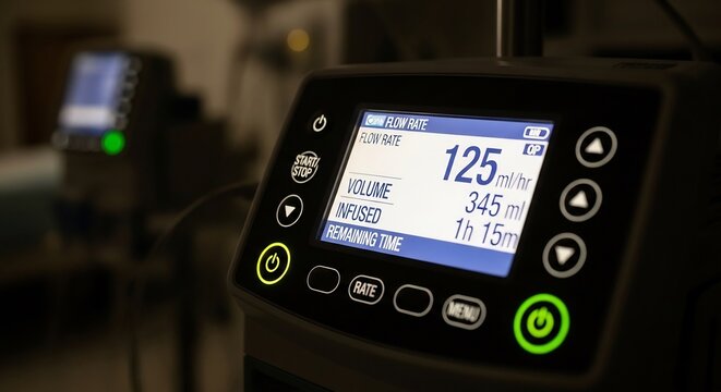 Close-up of a modern medical infusion pump display showing vital patient data.