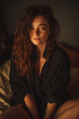 Fototapeta premium intimate cinematic portrait of young woman in soft light, natural beauty woman with hazel eyes and wavy brunette hair, relaxed lifestyle portrait with warm tones and soft bokeh