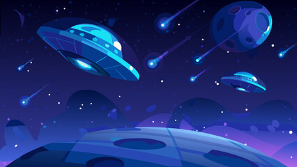 Stylized illustration of ufos planets and shooting stars in space © Riya